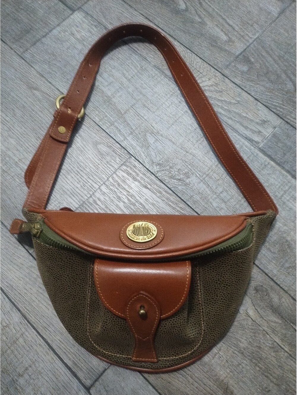Mark Cross Vintage Army Green Leather Fanny Pack Belt Bag Aged Gold Hardware